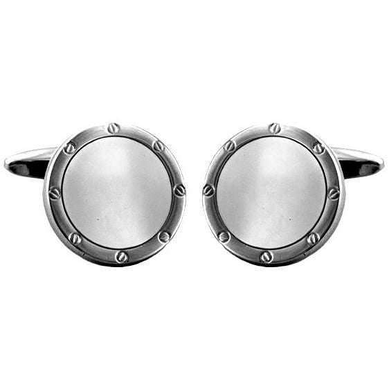 David Van Hagen Rhodium Plated Mother of Pearl Round Porthole Cufflinks  - White/Silver