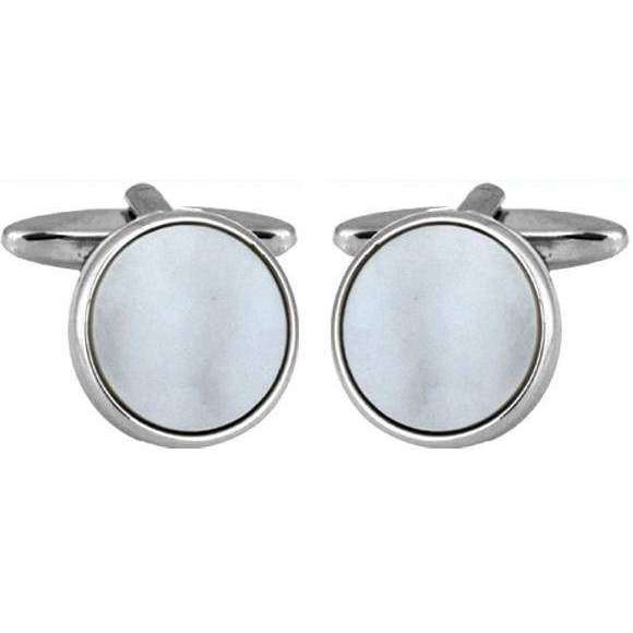 David Van Hagen Rhodium Plated Mother of Pearl Round Porthole Cufflinks  - White/Silver