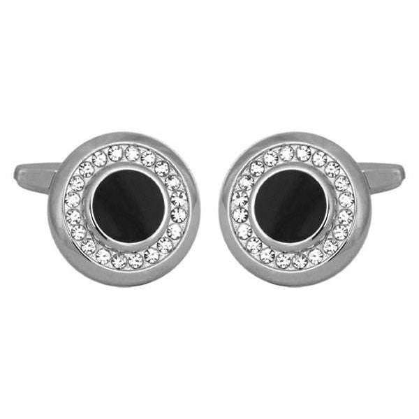 David Van Hagen Round Crystal Cufflinks - Silver/Clear/Black