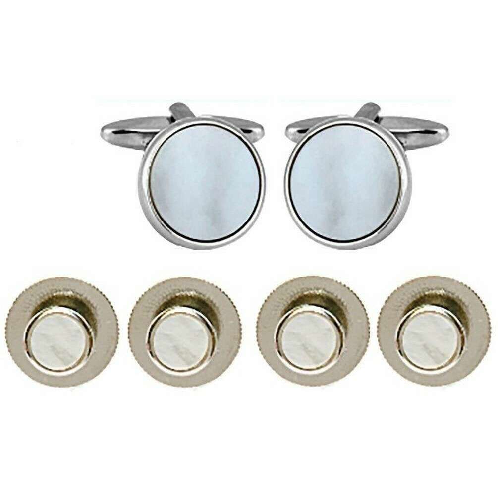 David Van Hagen Round Cufflinks and Dress Stud Set - White/Silver