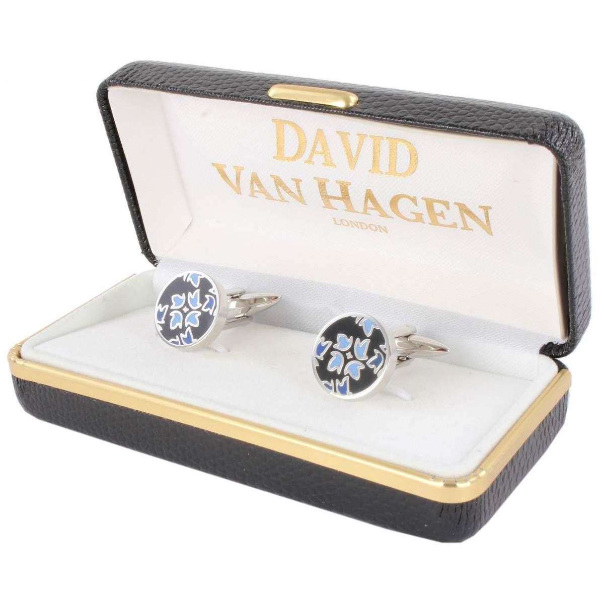 David Van Hagen Round Floral Cufflinks - Black/Blue - Image 6