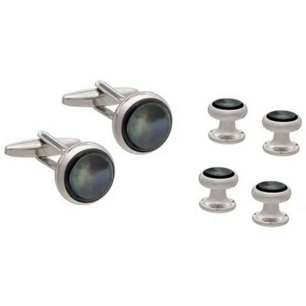 David Van Hagen Smokey Mother Of Pearl Dress Stud and Cufflink Set - Grey/Silver