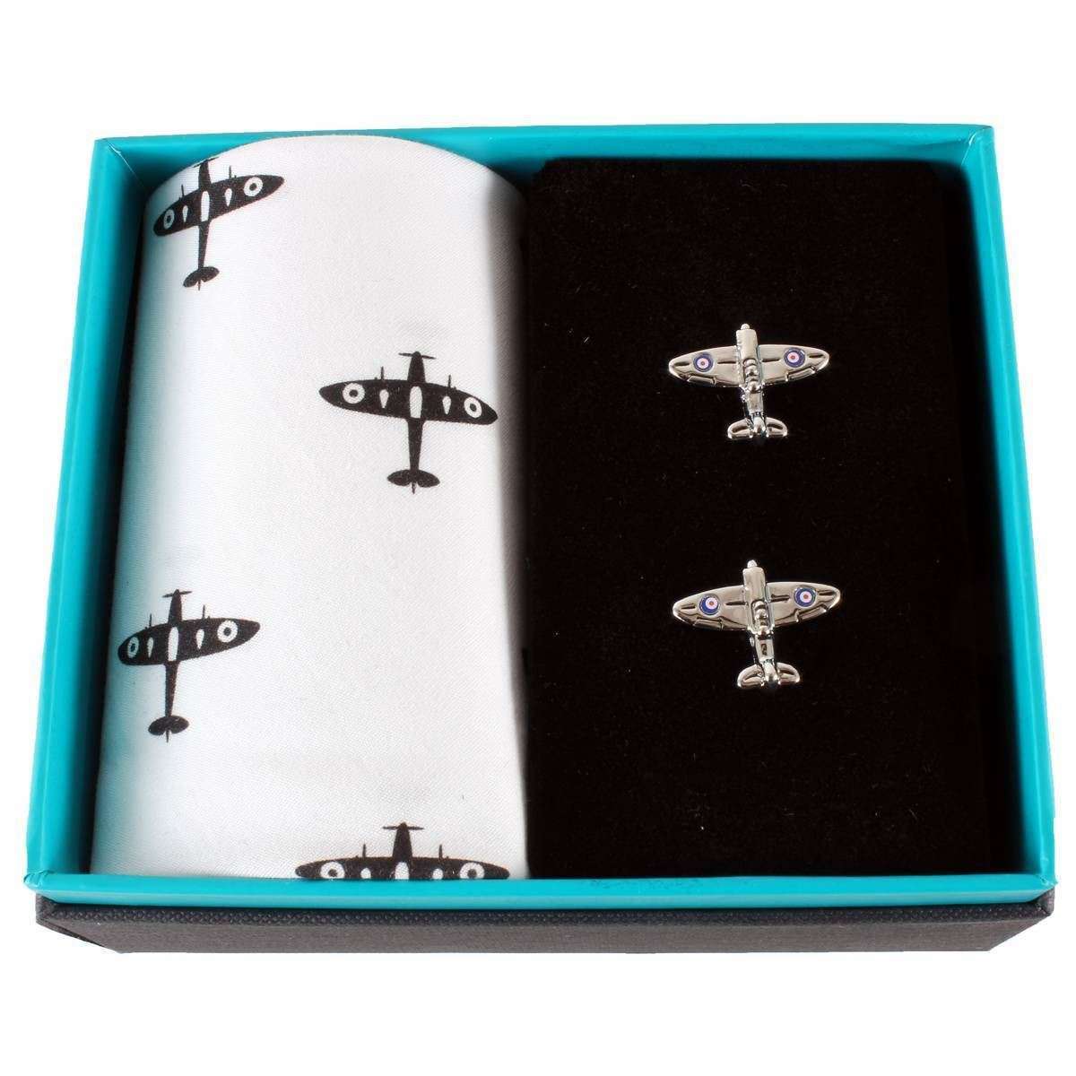 David Van Hagen Spitfire Handkerchief and Cufflink Set - White/Black - Image 2