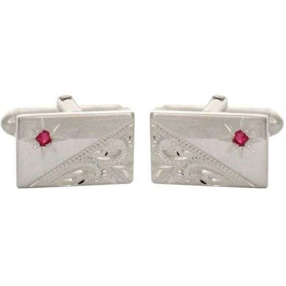 David Van Hagen Sterling Silver Engraved Ruby Cufflinks