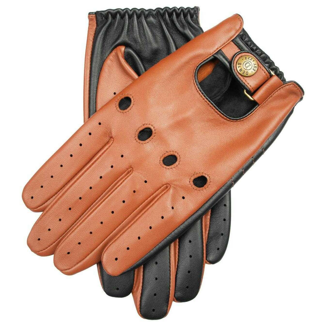 Dents Aintree Two-Colour Leather Driving Gloves - Cognac Brown/Black