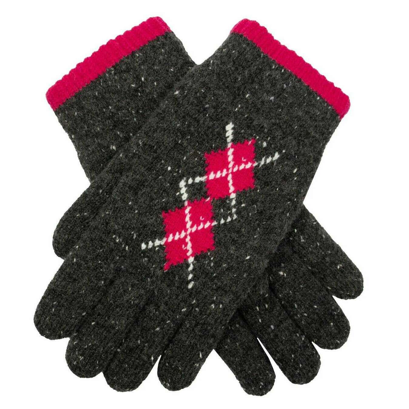 Dents Argyle Marl Yarn Knitted Gloves - Charcoal/Fuchsia Pink