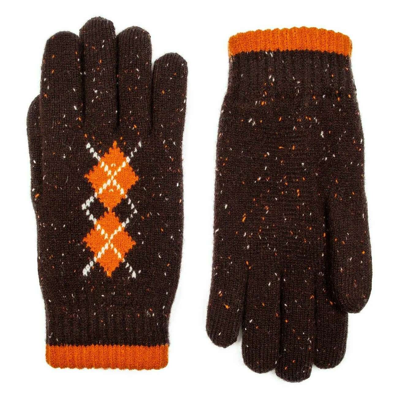 Dents Argyle Marl Yarn Knitted Gloves - Chocolate Brown/Pumpkin Orange - Image 2