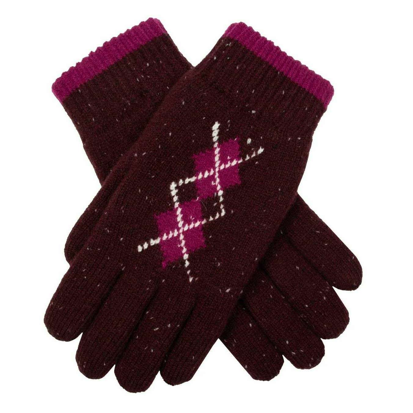 Dents Argyle Marl Yarn Knitted Gloves - Damson Burgundy/Cassis Pink