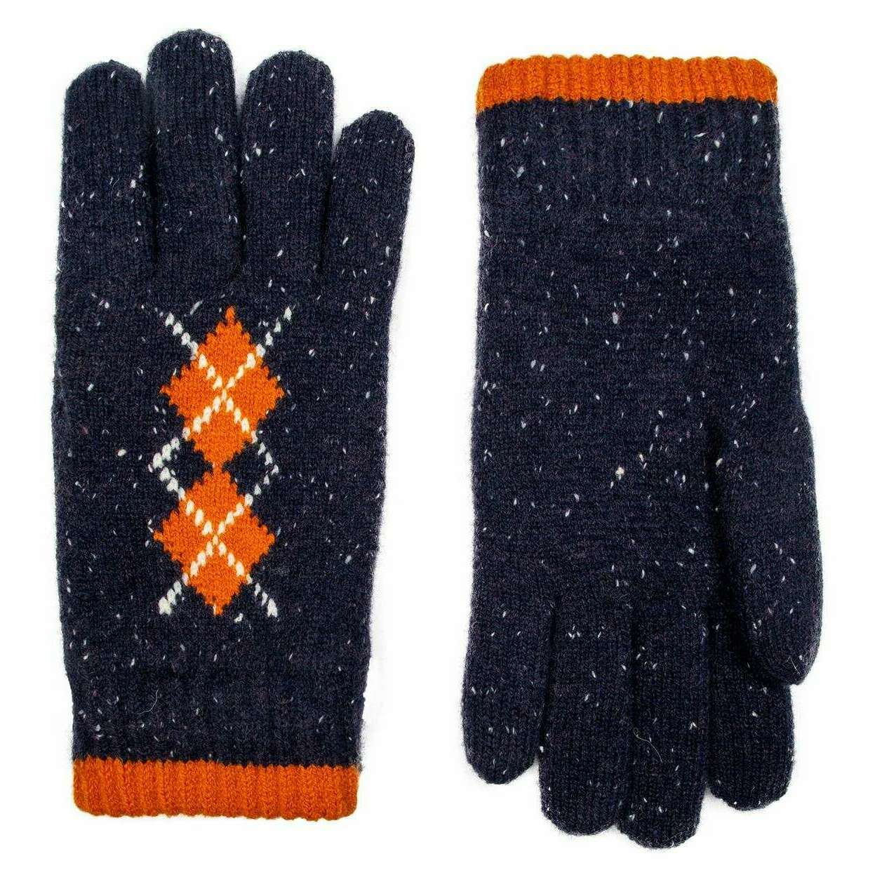 Dents Argyle Marl Yarn Knitted Gloves - Navy/Pumpkin Orange - Image 2