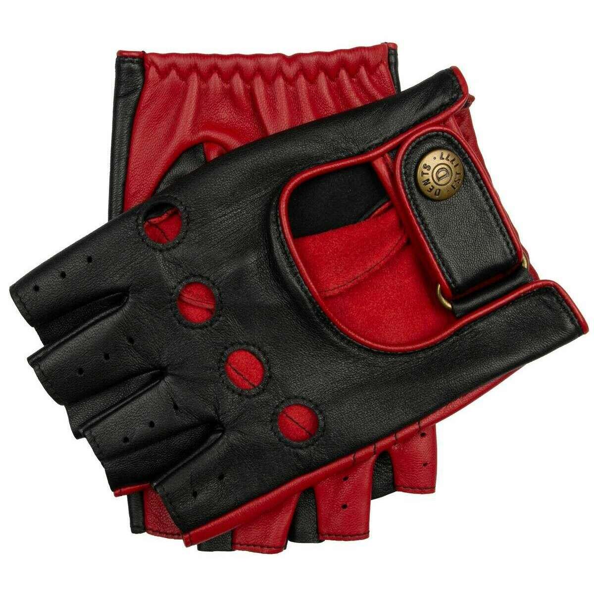 Dents Cadwell Fingerless Two-Colour Leather Driving Gloves - Black/Berry Red