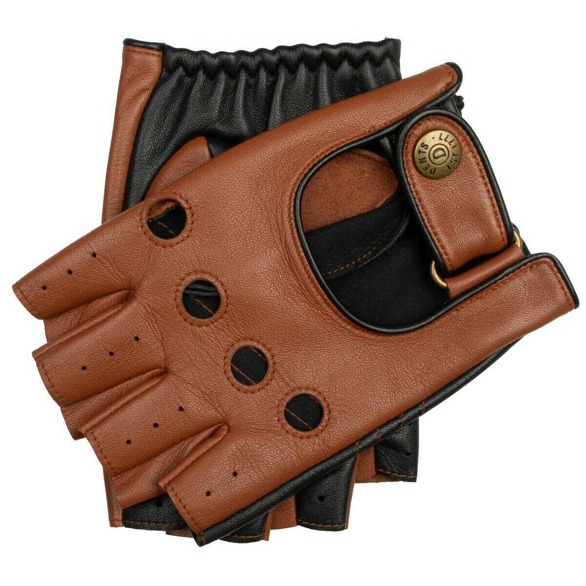 Dents Cadwell Fingerless Two-Colour Leather Driving Gloves - Cognac Brown/Black
