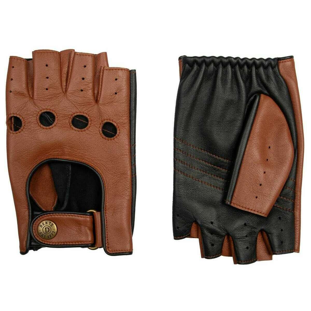 Dents Cadwell Fingerless Two-Colour Leather Driving Gloves - Cognac Brown/Black - Image 2
