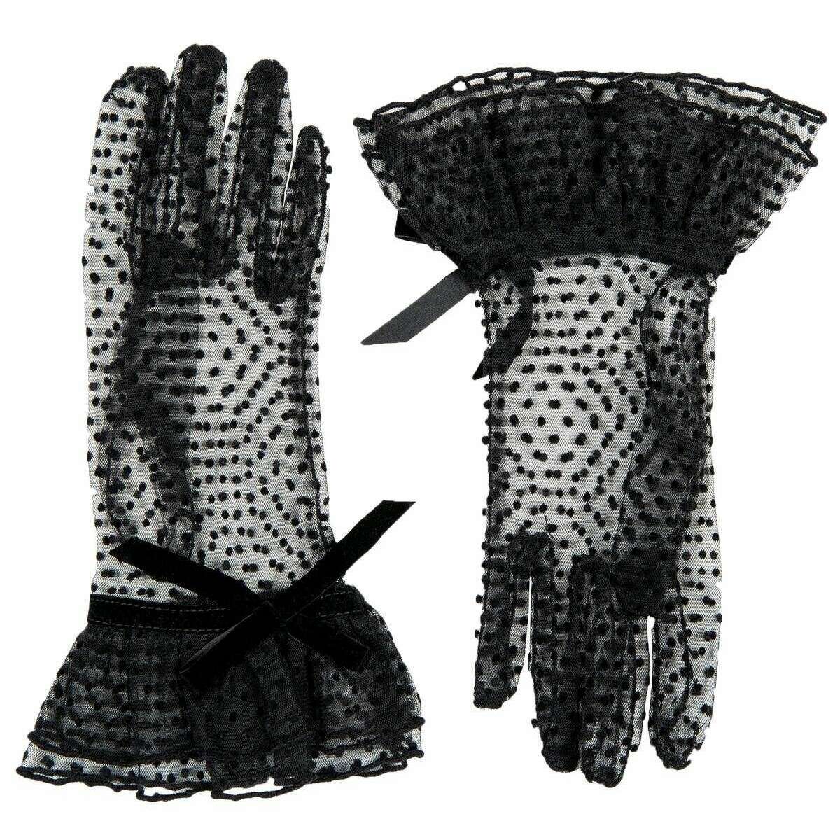 Dents Caroline Double Cuff and Bow Spotty Tulle Gloves - Black - Image 2