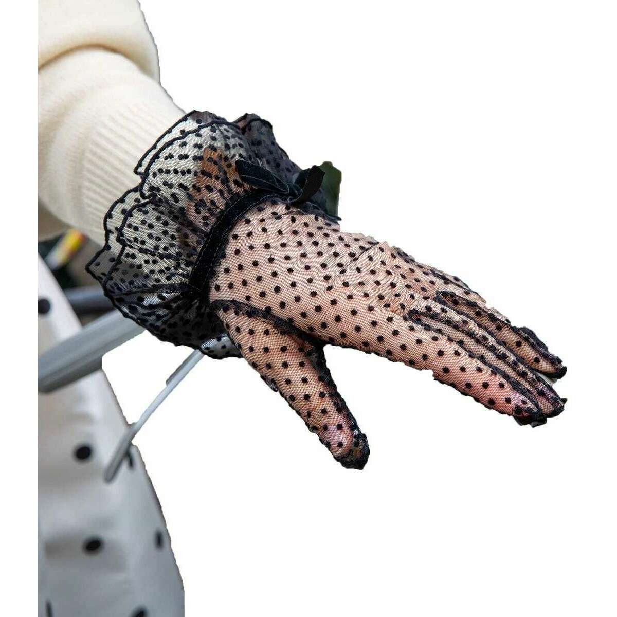 Dents Caroline Double Cuff and Bow Spotty Tulle Gloves - Black - Image 7