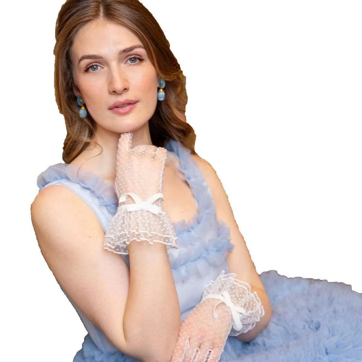 Dents Caroline Double Cuff and Bow Spotty Tulle Gloves - Ivory - Image 6