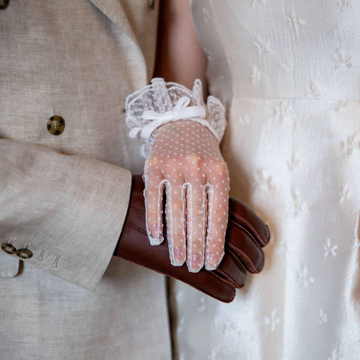 Dents Caroline Double Cuff and Bow Spotty Tulle Gloves - Ivory - Image 7