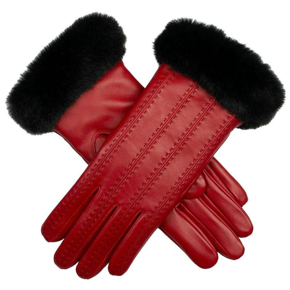 Dents Cassie Contrast Stitching Leather Gloves - Berry Red/Black