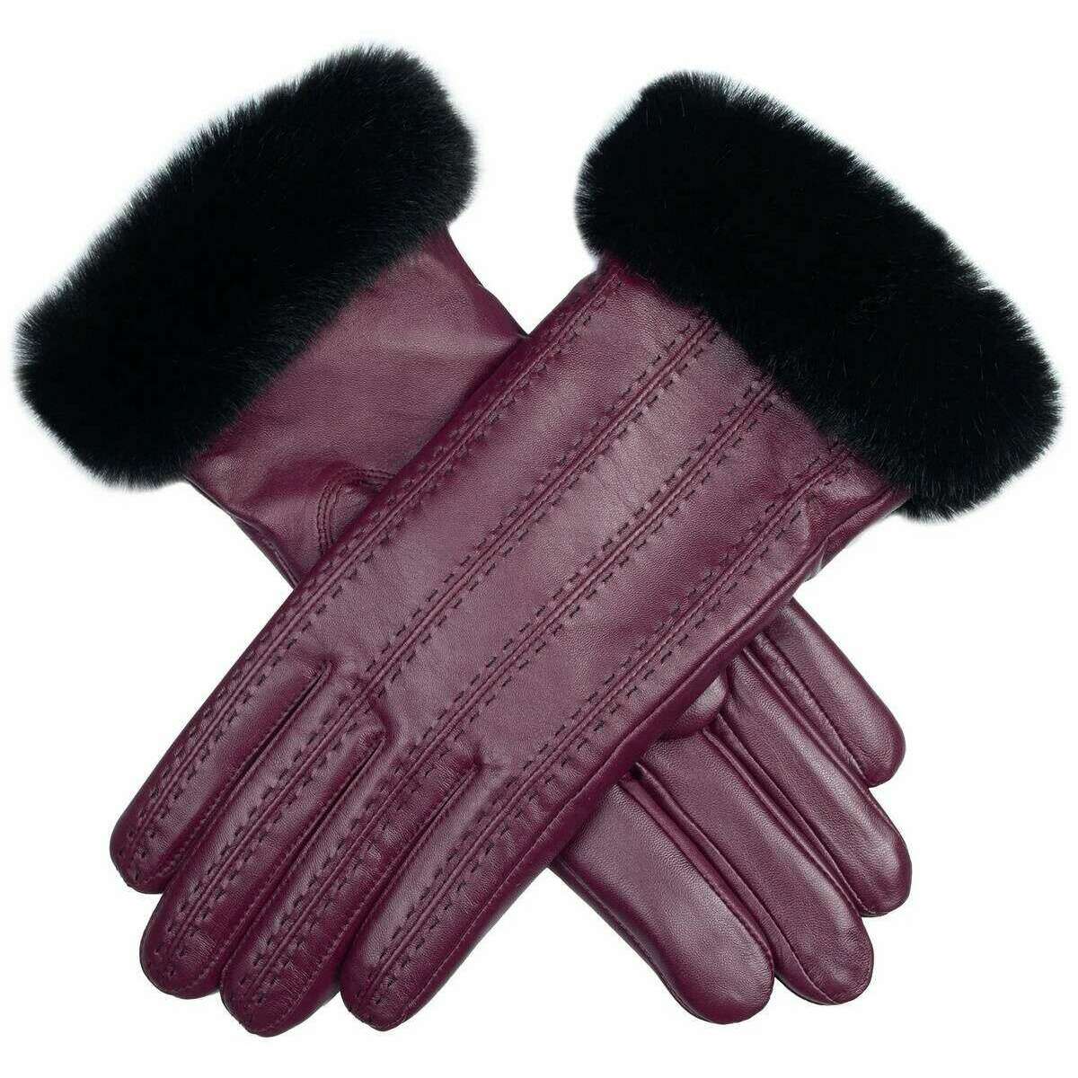 Dents Cassie Contrast Stitching Leather Gloves - Damson Burgundy/Black