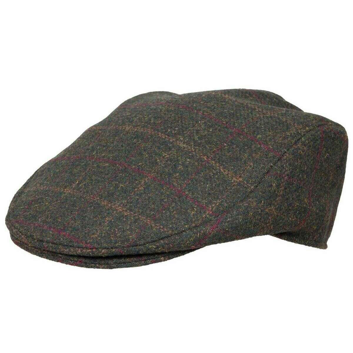 Dents Colliford Check Tweed Flat Cap - Olive Green