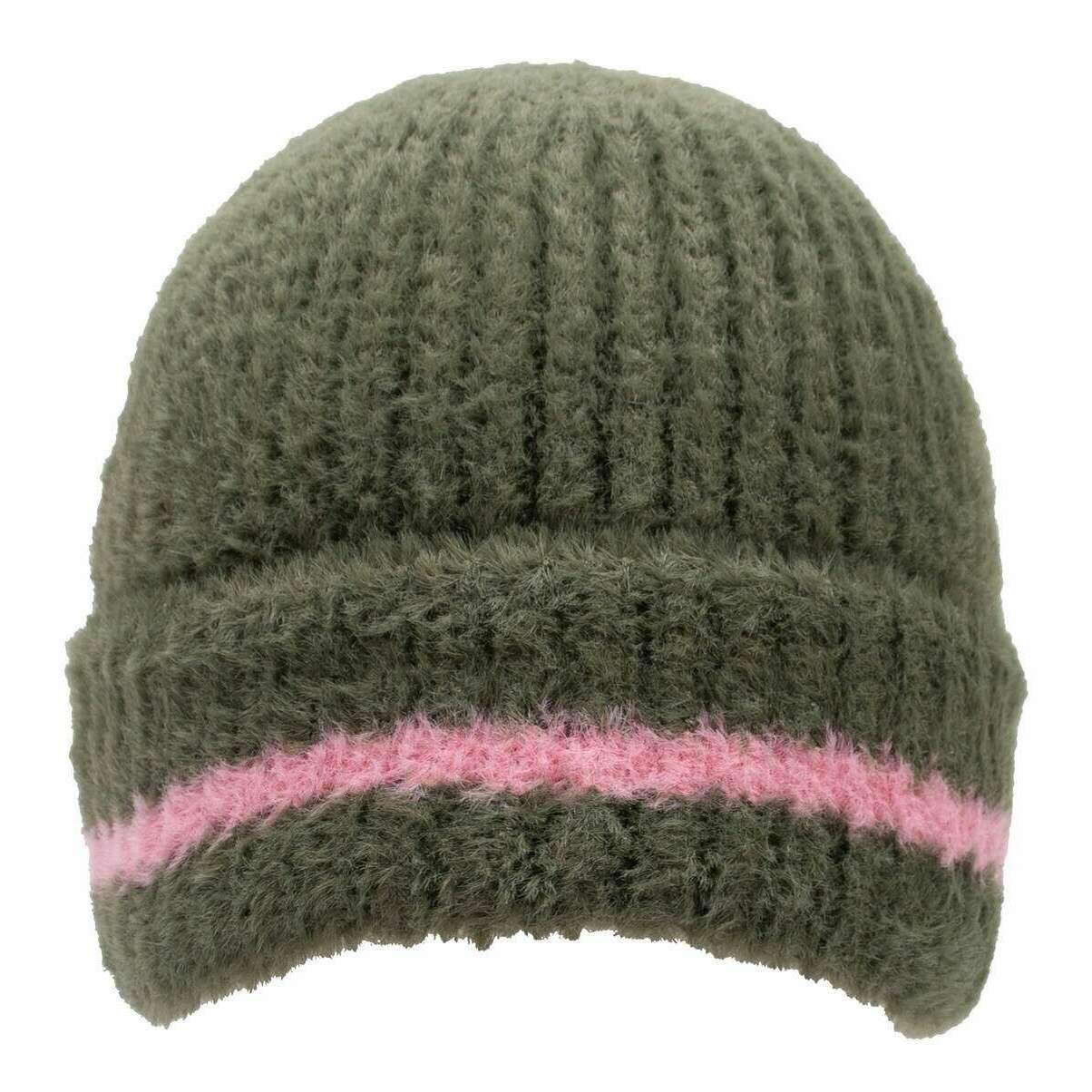 Dents Feather Yarn Beanie Hat - Olive Green/Pink