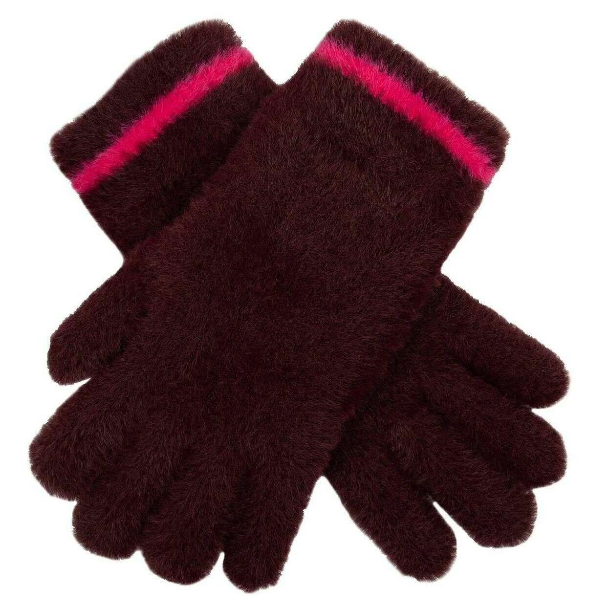 Dents Feather Yarn Knitted Gloves - Burgundy/Pink