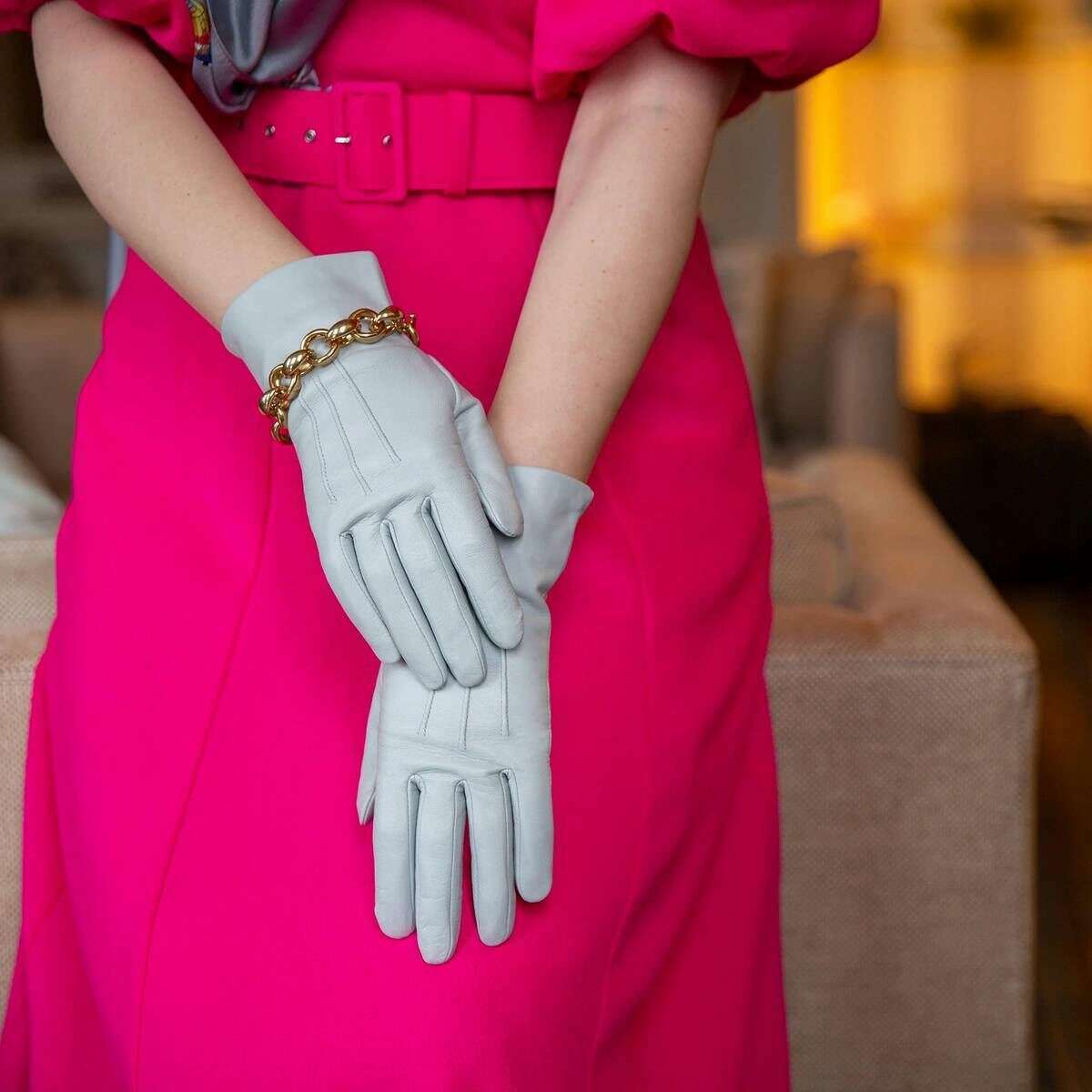 Dents Felicity Three-Point Silk Lined Leather Gloves - Silver - Image 2