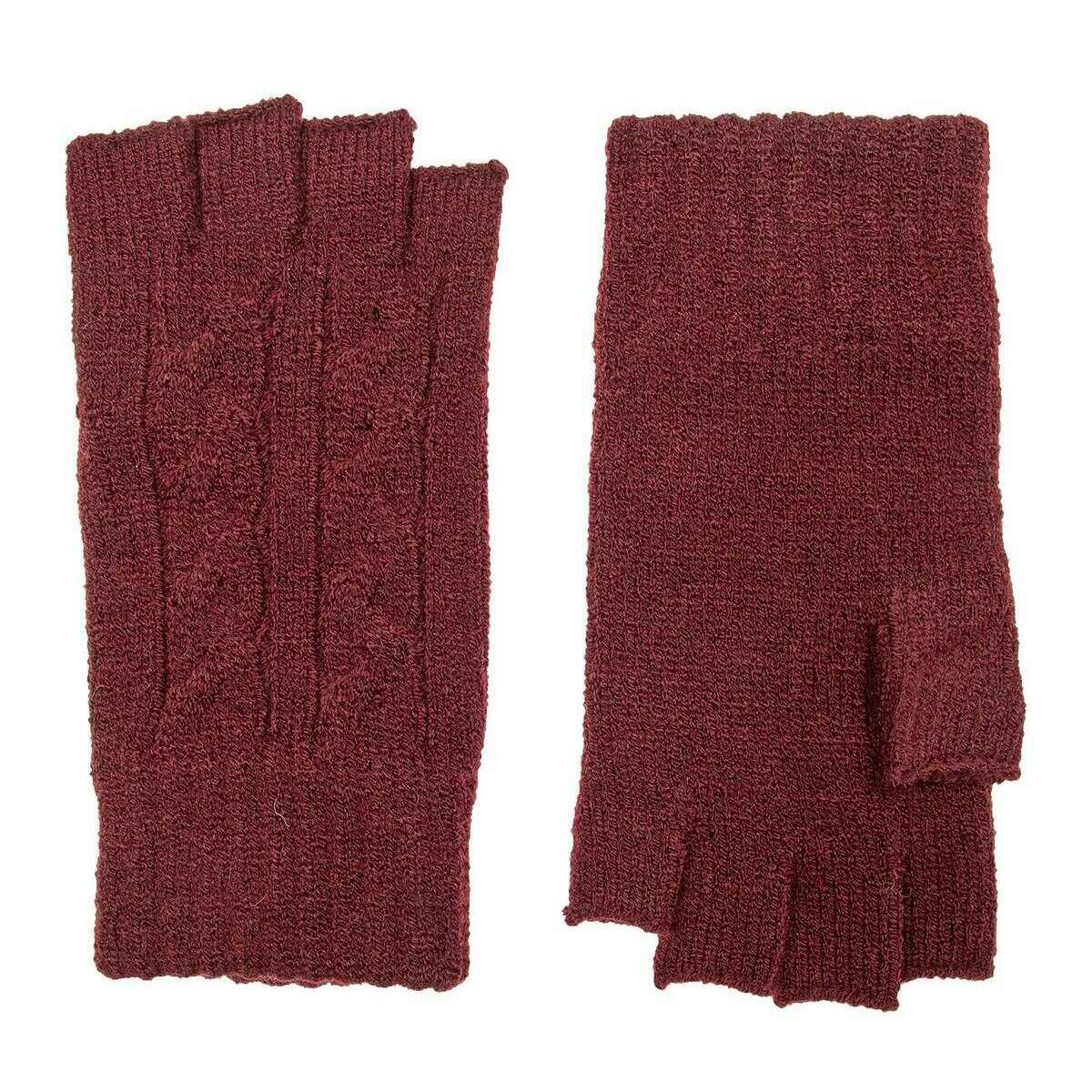 Dents Fingerless Cable Knit Gloves - Damson Burgundy - Image 2