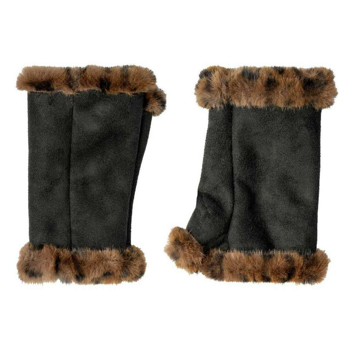 Dents Fingerless Faux Suede Mittens - Animal Brown/Black - Image 2
