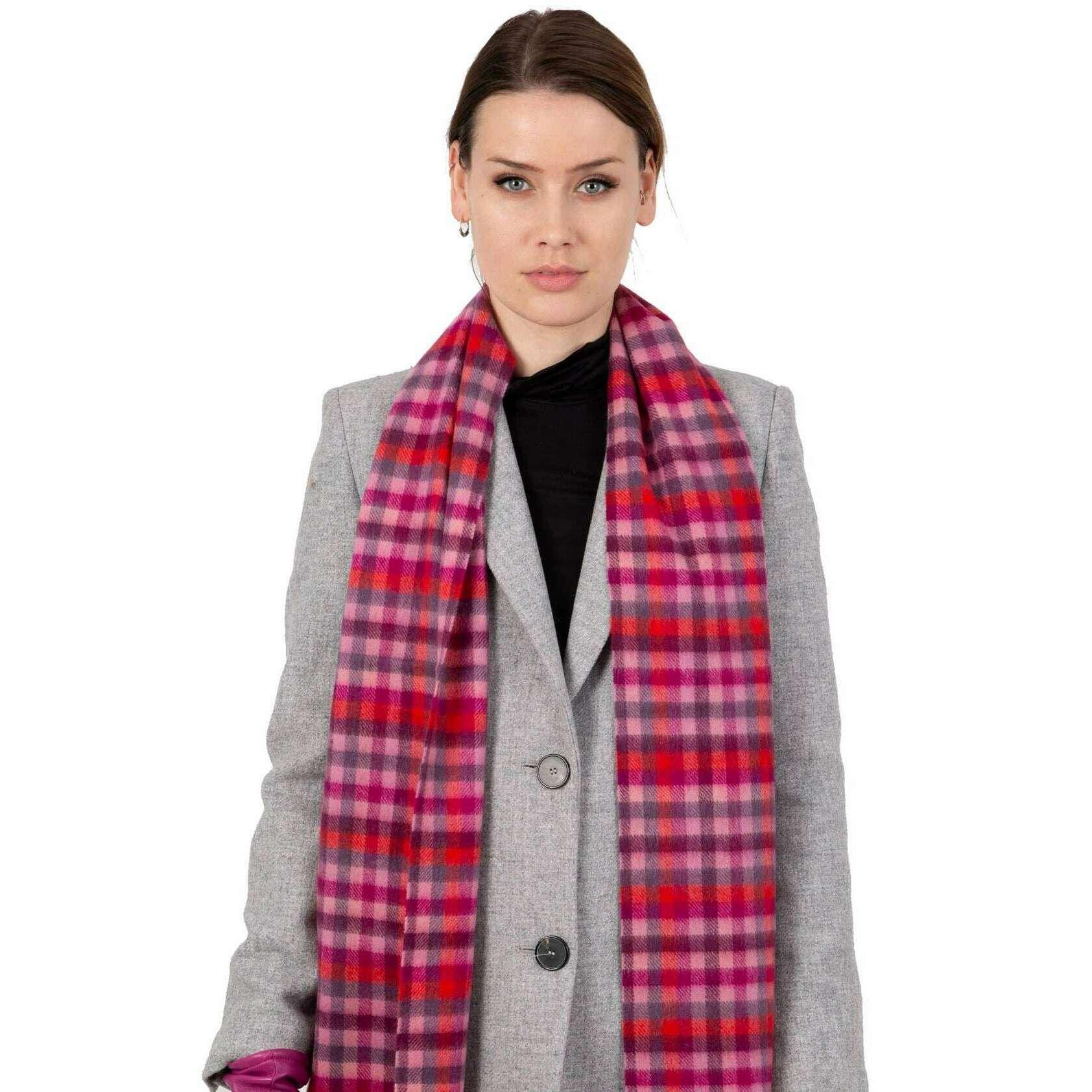 Dents Heritage Plaid Check Cashmere Scarf - Scarlet Red/Purple - Image 4