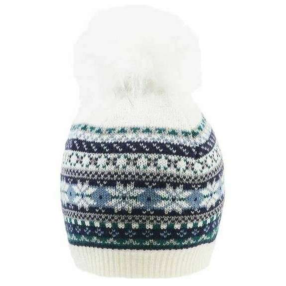 Dents Jacquard Fair Isle Faux Fur Pom Pom Knitted Bobble Hat - Winter White