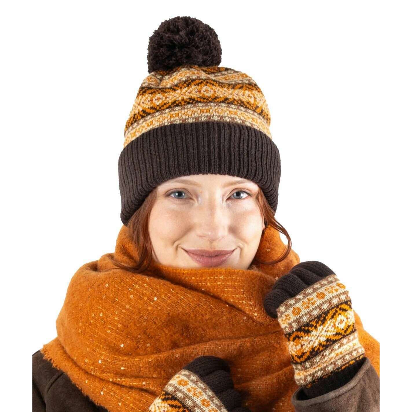 Dents Jacquard Fair Isle Knitted Bobble Hat - Chocolate Brown - Image 2