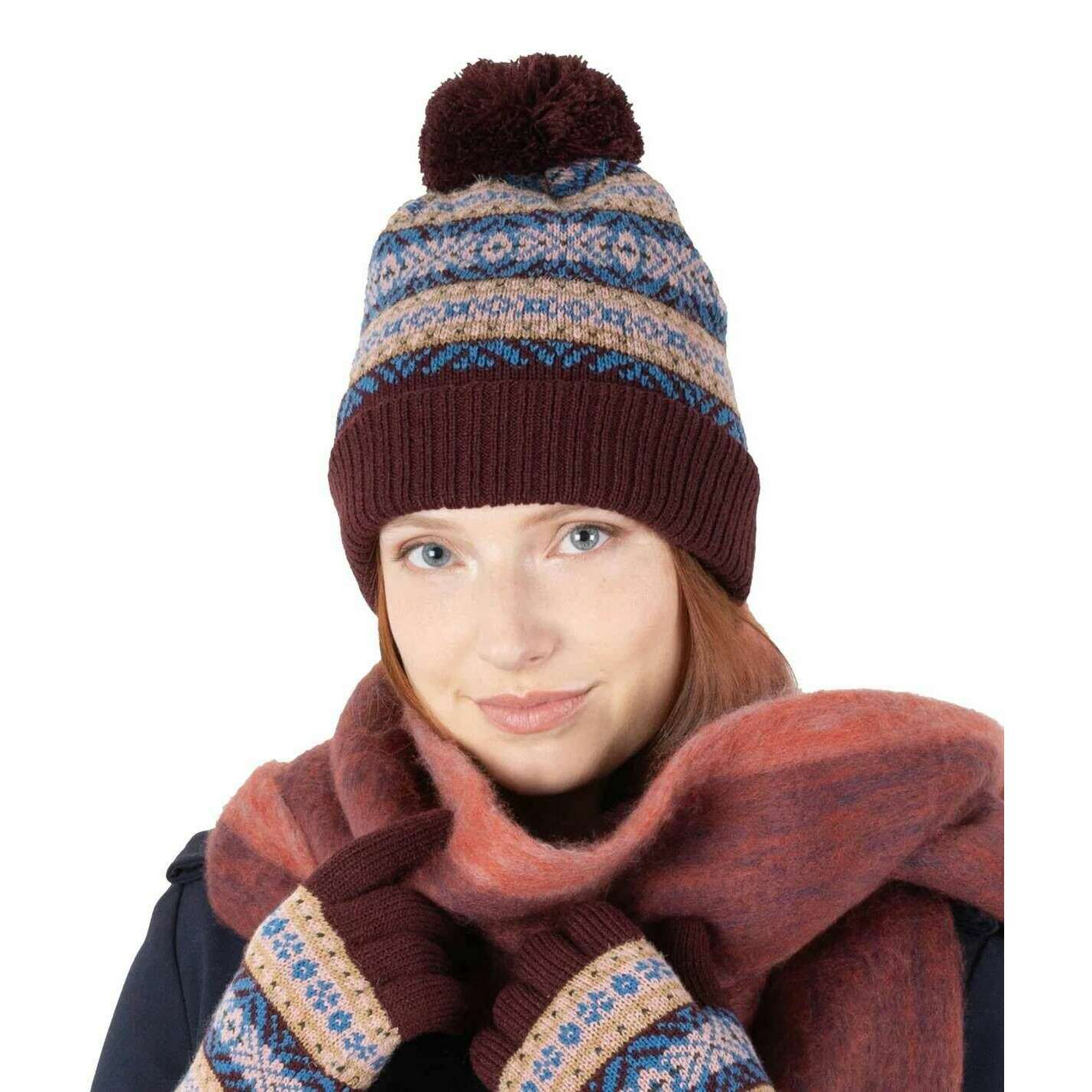 Dents Jacquard Fair Isle Knitted Bobble Hat - Damson Burgundy - Image 2
