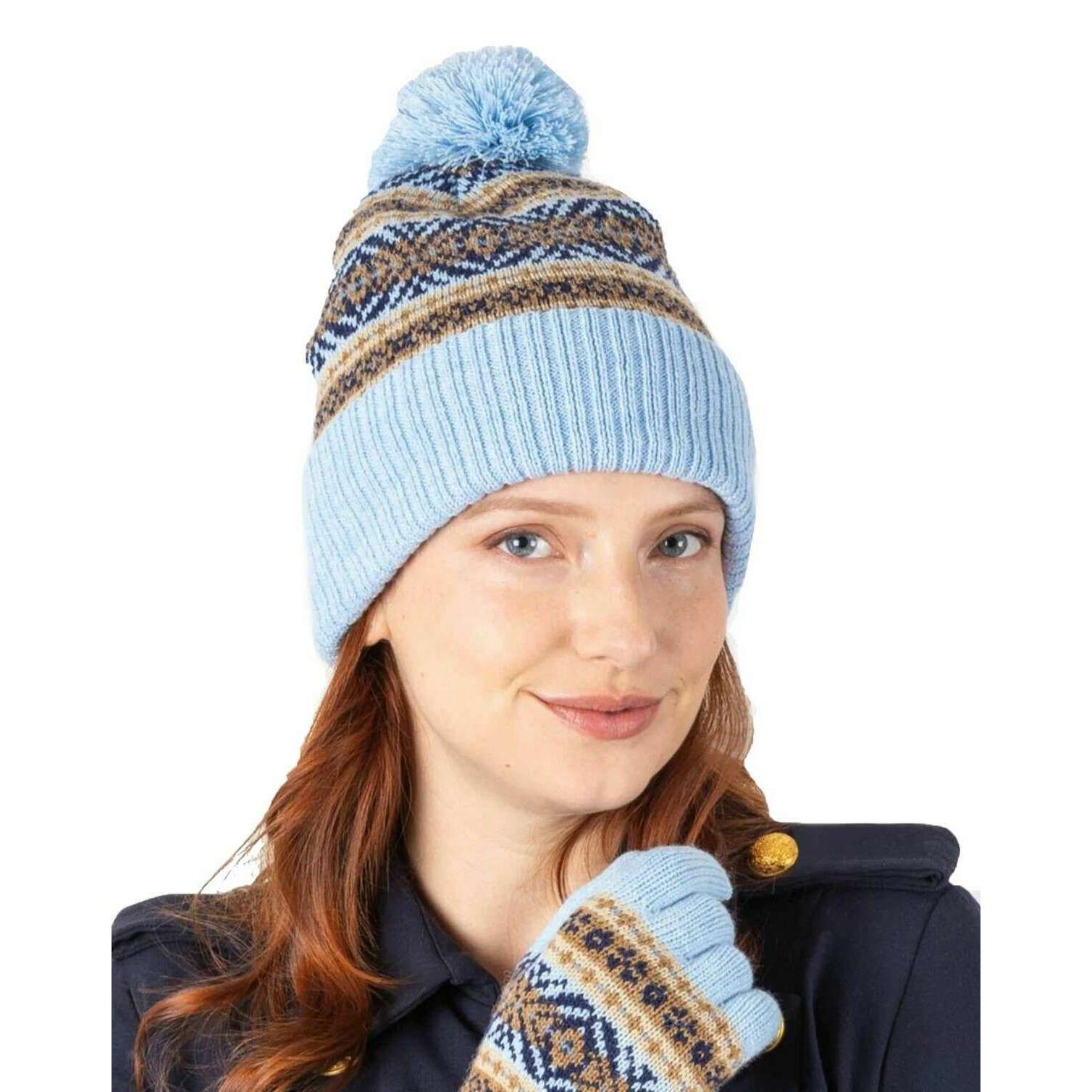 Dents Jacquard Fair Isle Knitted Bobble Hat - Pale Blue - Image 2