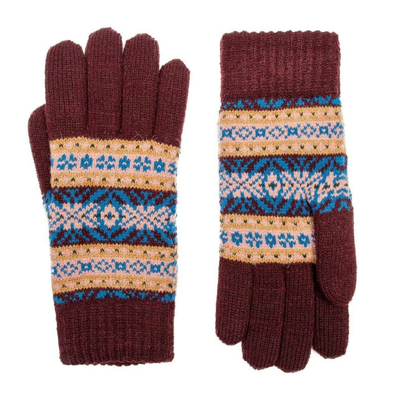 Dents Jacquard Fair Isle Knitted Gloves - Damson Burgundy - Image 2