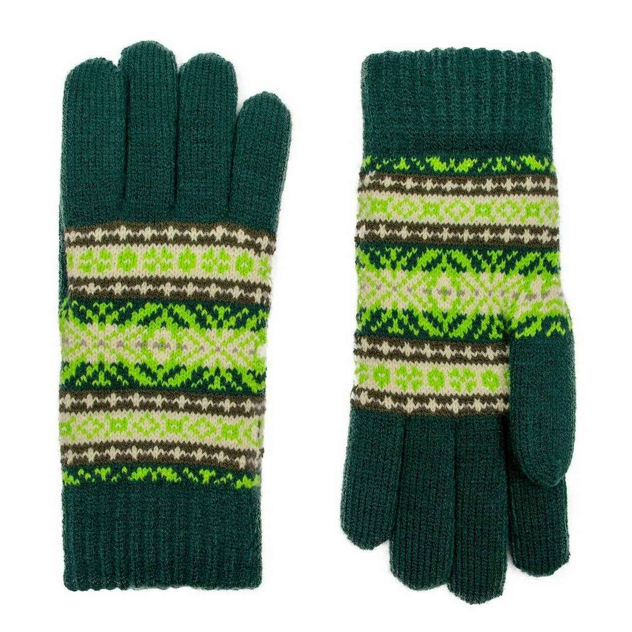 Dents Jacquard Fair Isle Knitted Gloves - Olive Green - Image 2