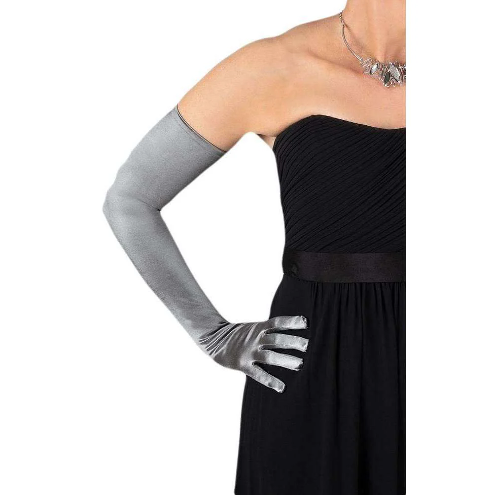 Dents Long Satin Shoulder Length Evening Gloves - Pewter Grey - Image 2