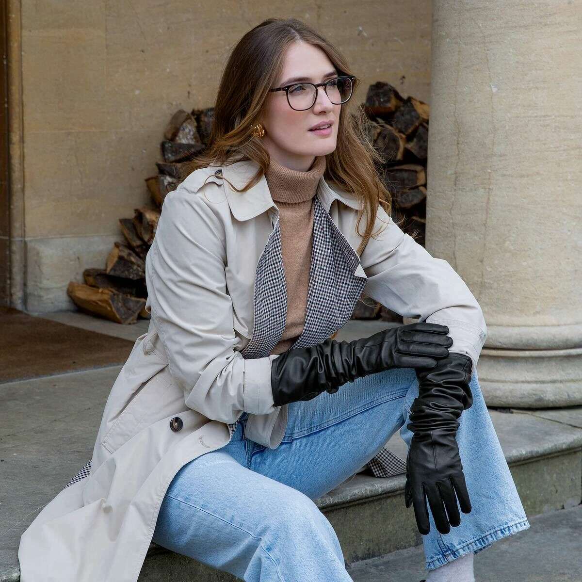 Dents Mia Single-Point Long Above-Elbow Lined Leather Gloves - Black - Image 2