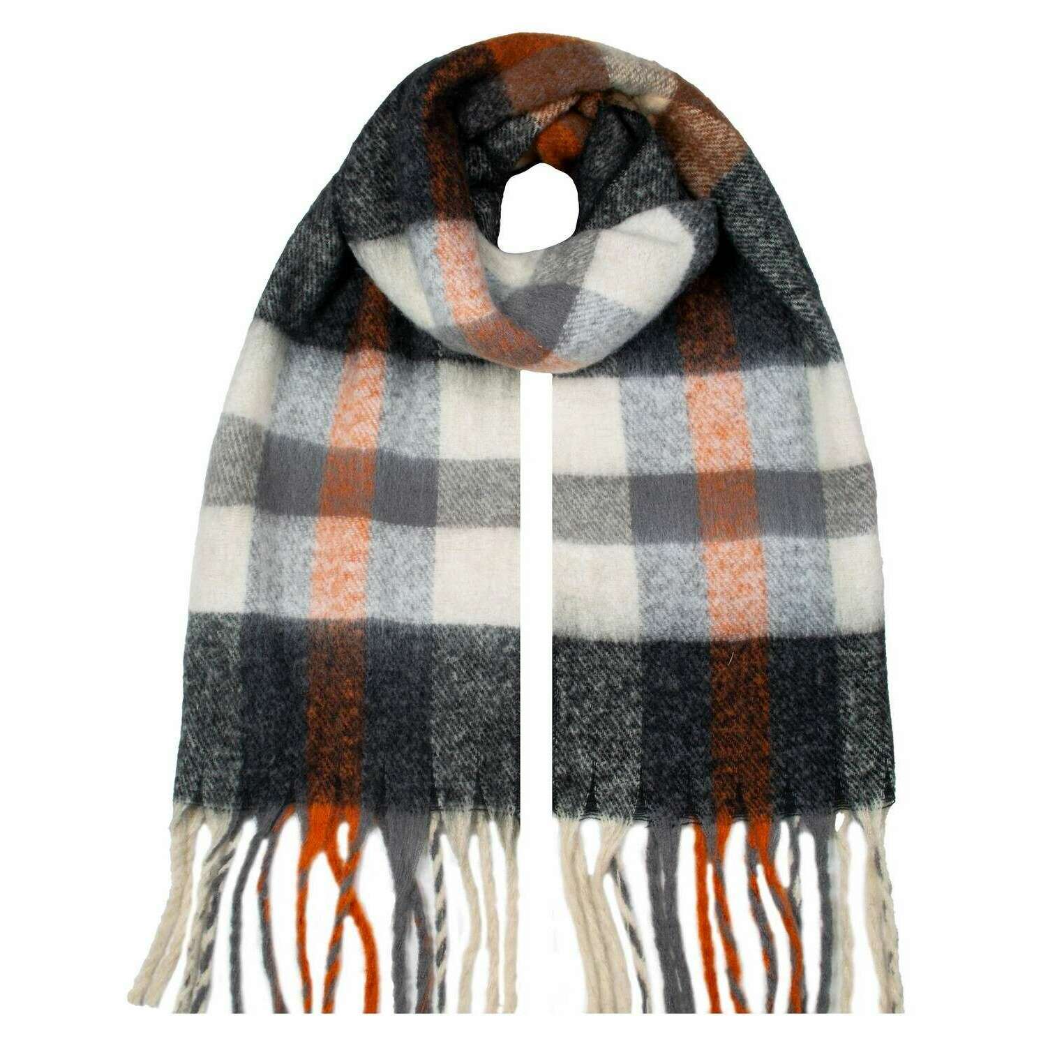 Dents Plaid Check Blanket Scarf - Charcoal Grey/Chocolate Brown