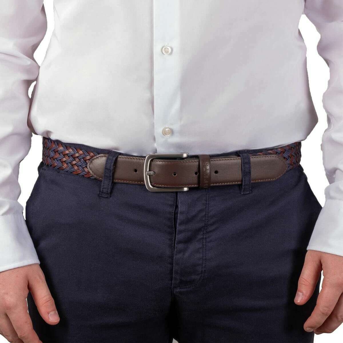Dents Woven Leather and Cotton Belt - Blue - Image 4