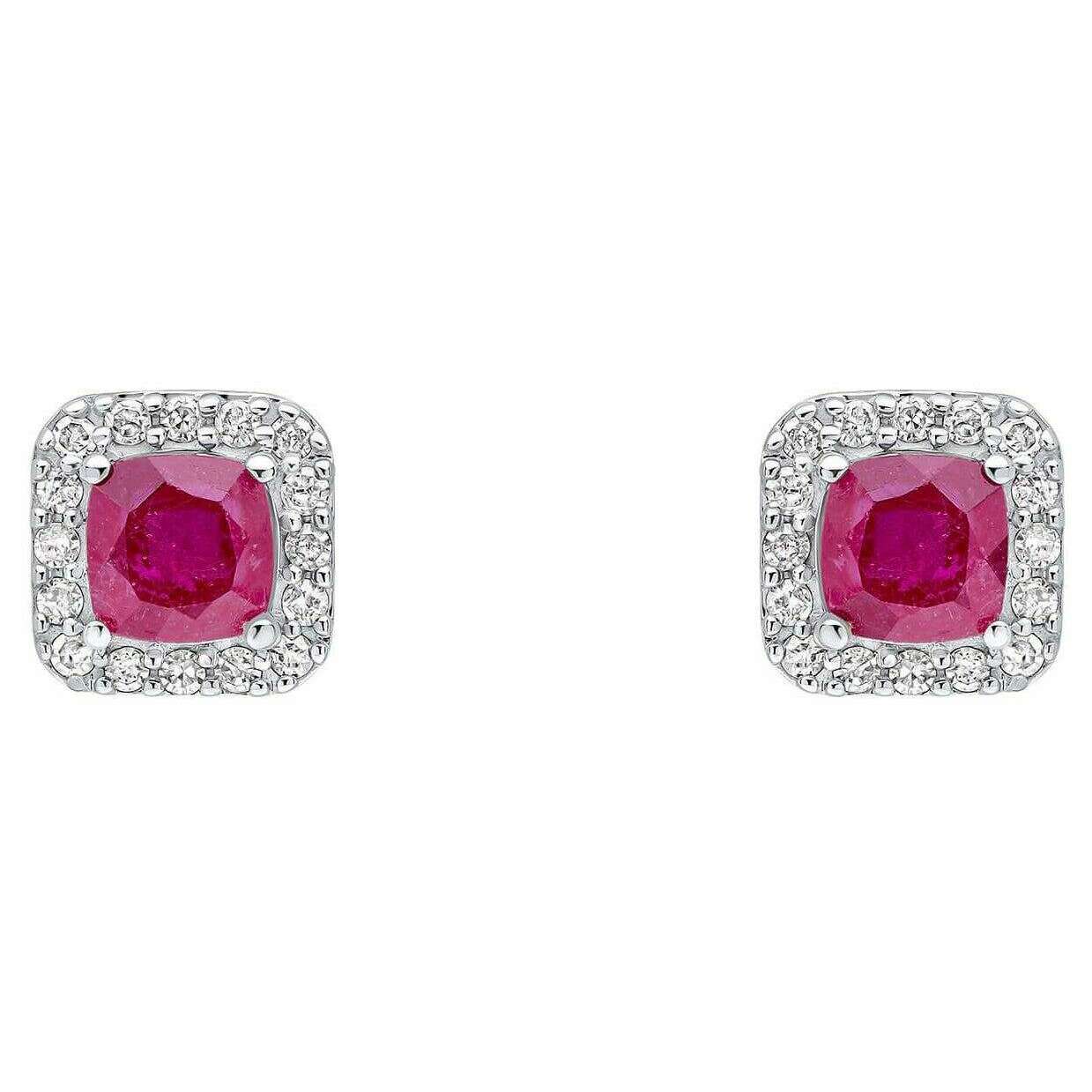 Elements Gold Cushion Cut Ruby with Diamond Halo 9ct Gold Earrings - Gold/Red - Image 2