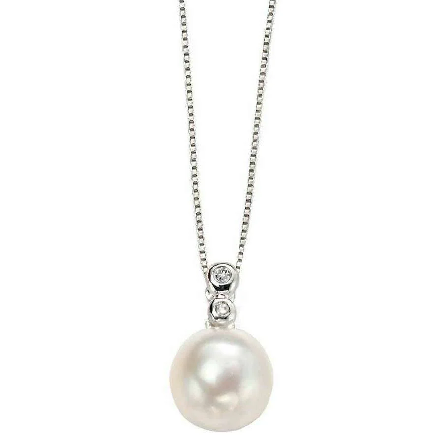 Elements Gold Diamond Bale Freshwater Pearl Pendant - Silver/White