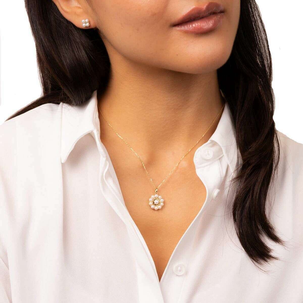 Elements Gold Floral Freshwater Pearl 9ct Gold Pendant - Gold/White - Image 3