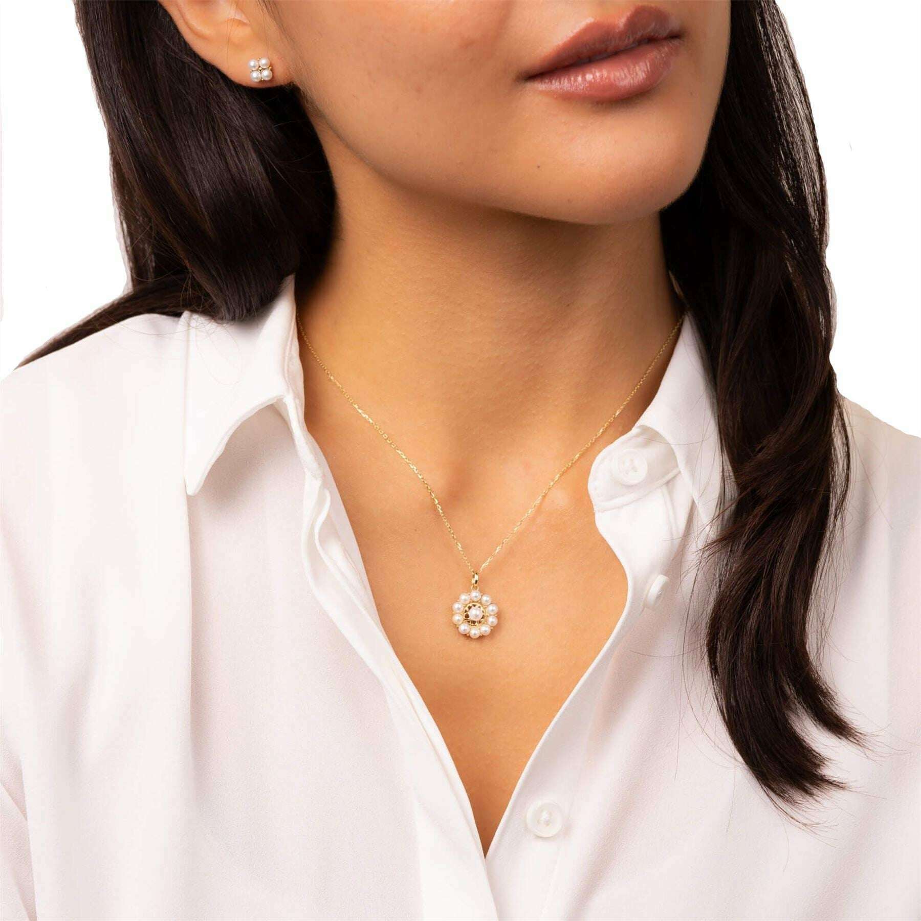Elements Gold Floral Freshwater Pearl 9ct Gold Pendant - Gold/White - Image 4