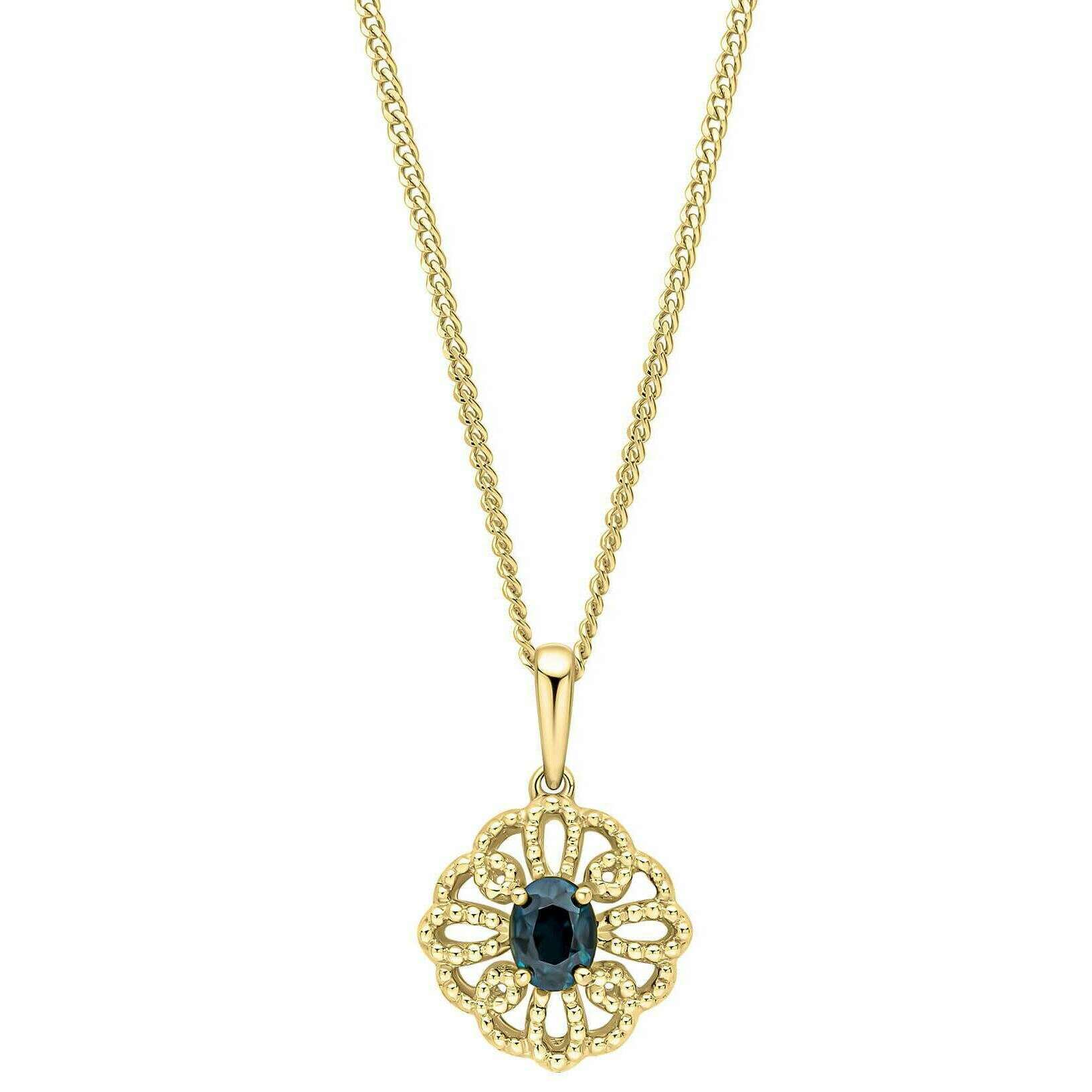 Elements Gold Ornate Sapphire 9ct Gold Pendant - Blue - Image 2