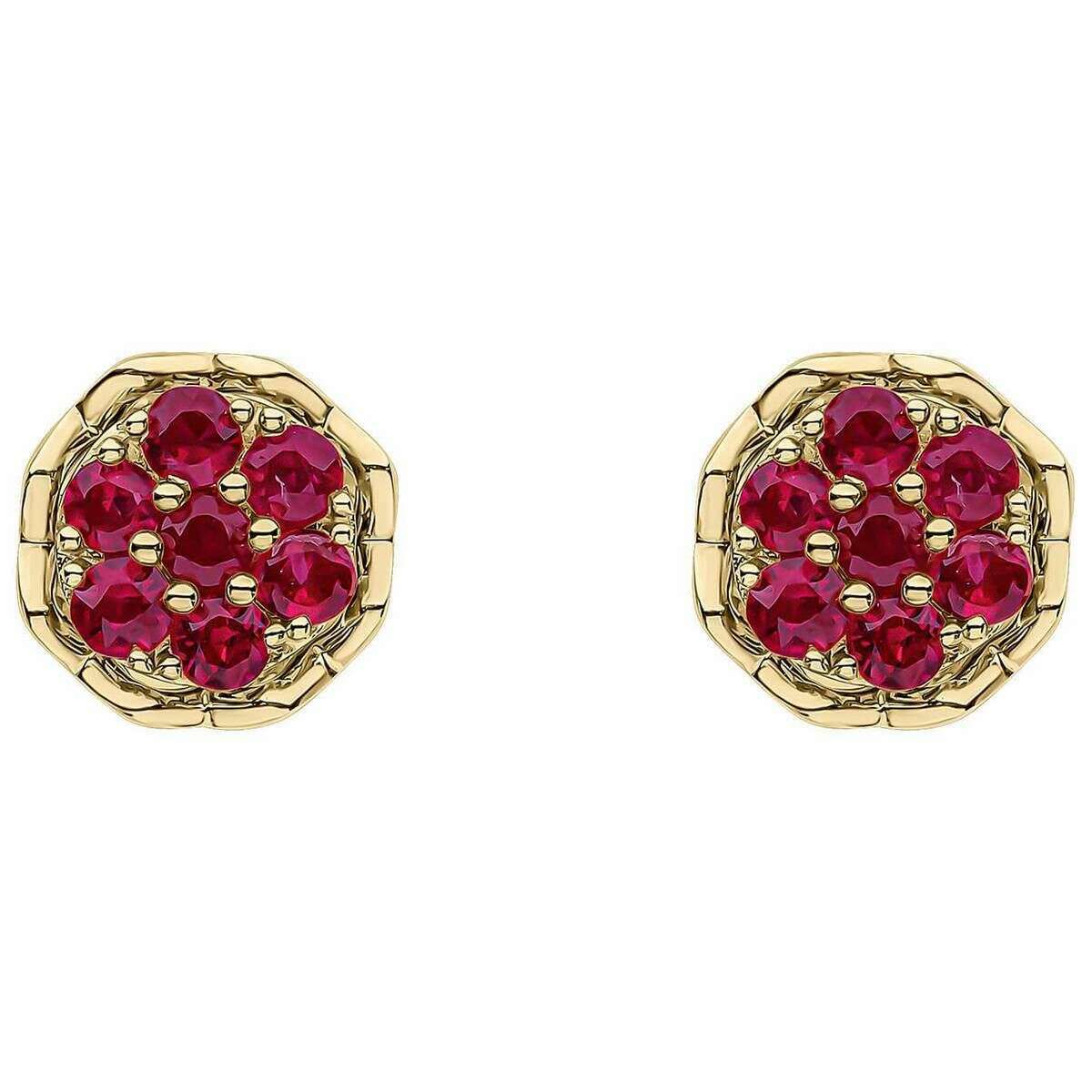 Elements Gold Seven Stone Ruby Cluster 9ct Gold Earrings - Gold/Red