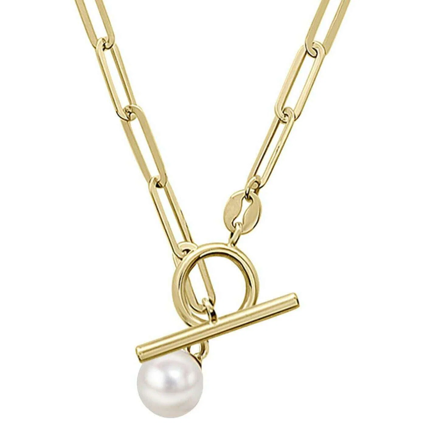 Elements Gold T Bar Chain with Freshwater Pearl 9ct Gold Necklace - Gold/White - Image 2