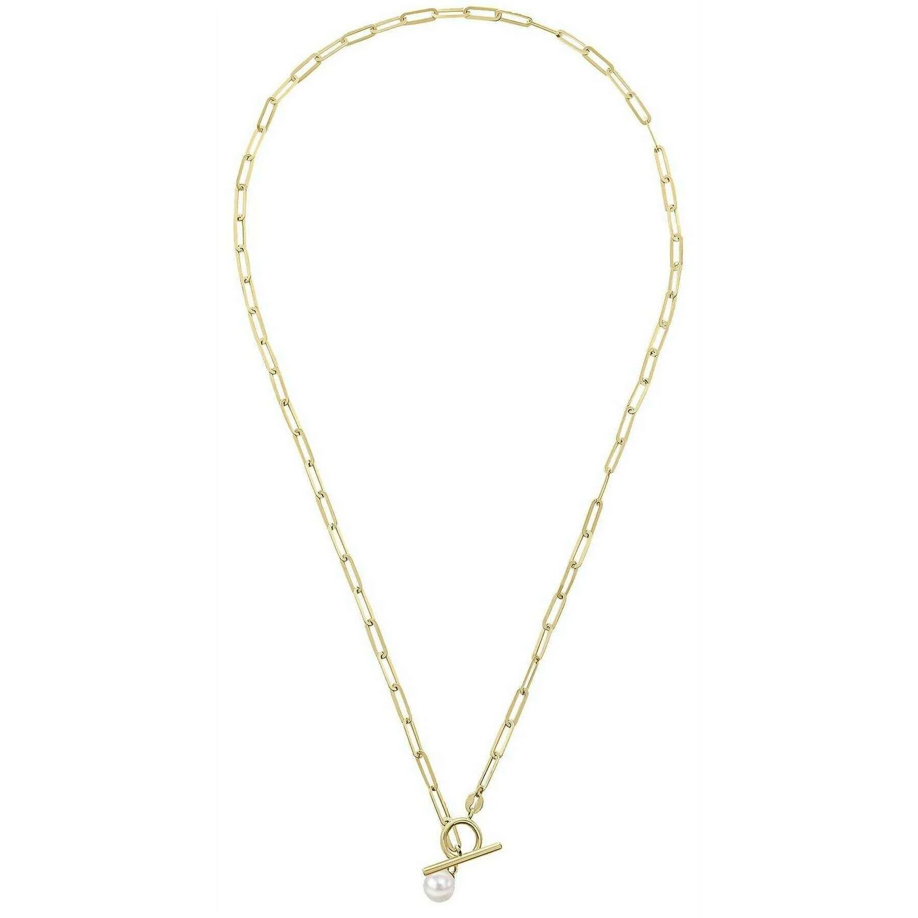 Elements Gold T Bar Chain with Freshwater Pearl 9ct Gold Necklace - Gold/White - Image 3