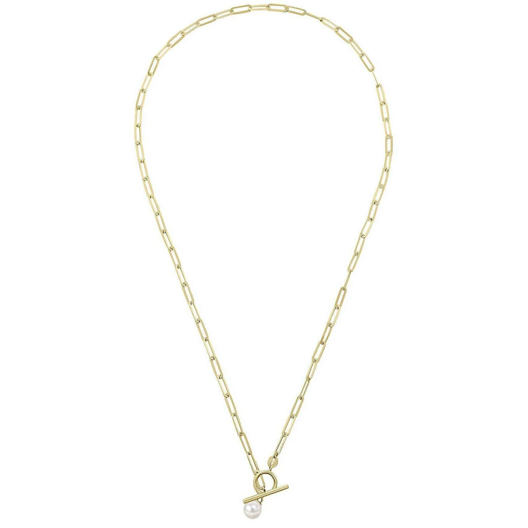 Elements Gold T Bar Chain with Freshwater Pearl 9ct Gold Necklace - Gold/White - Image 5