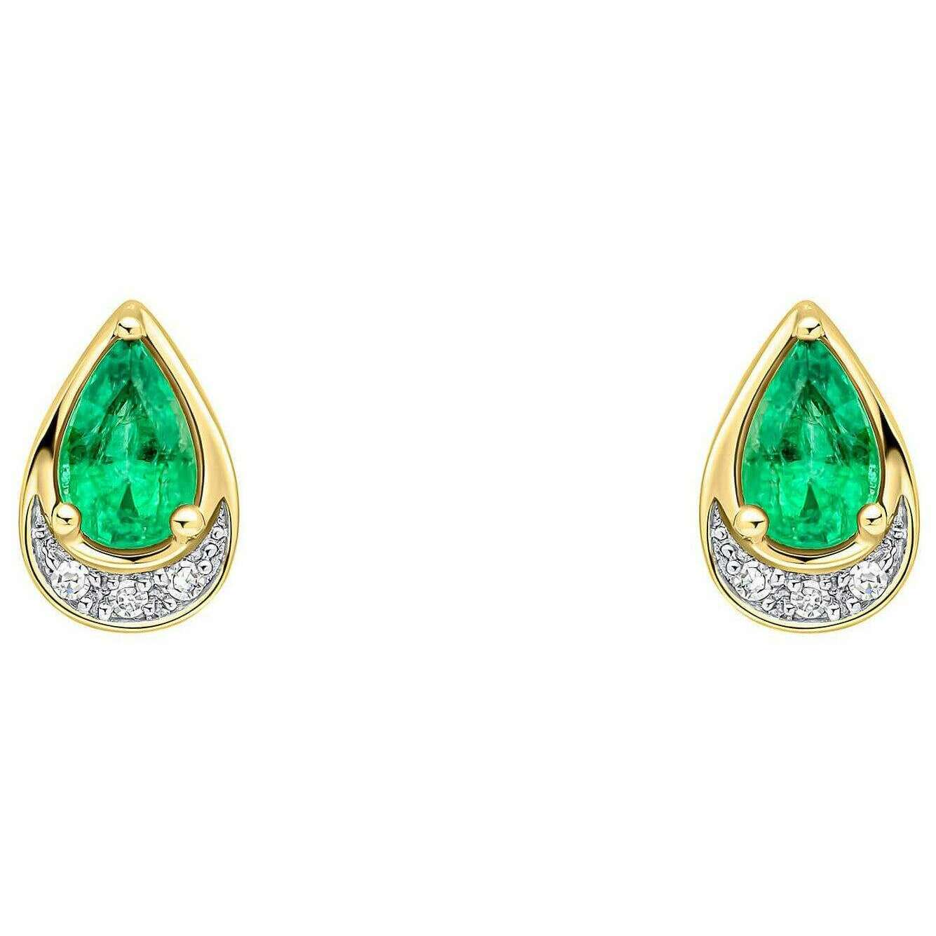Elements Gold Teardrop Emerald and Diamond 9ct Gold Earrings - Green - Image 2