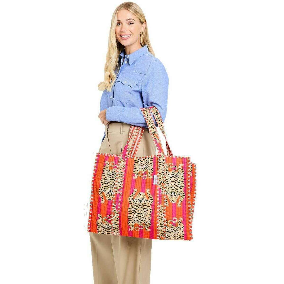 Elie Beaumont Serendipity Cotton Quilted Tote Bag - Tibetan Tiger Pink/Orange - Image 6